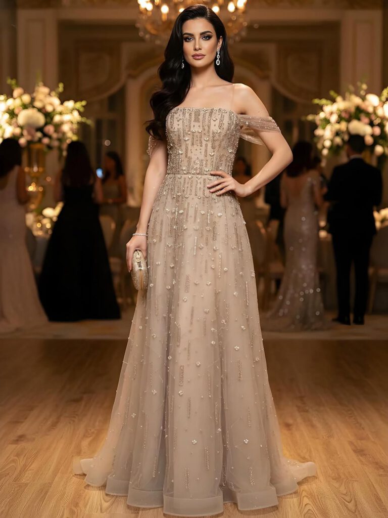 Nove Dress Pink Beaded Off Shoulder A-Line Arabic Evening Dress