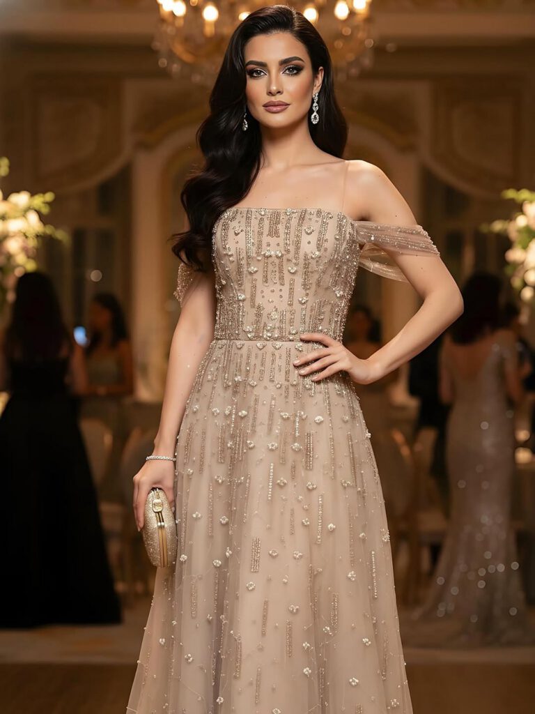 Nove Dress Pink Beaded Off Shoulder A-Line Arabic Evening Dress