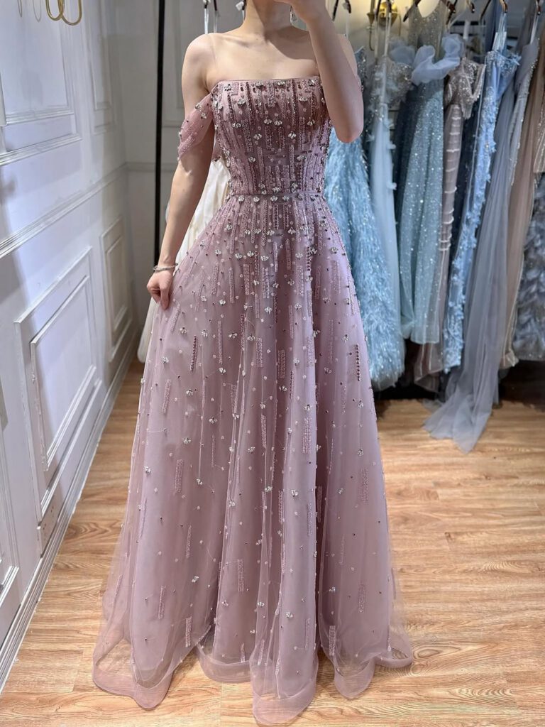 Nove Dress Pink Beaded Off Shoulder A-Line Arabic Evening Dress