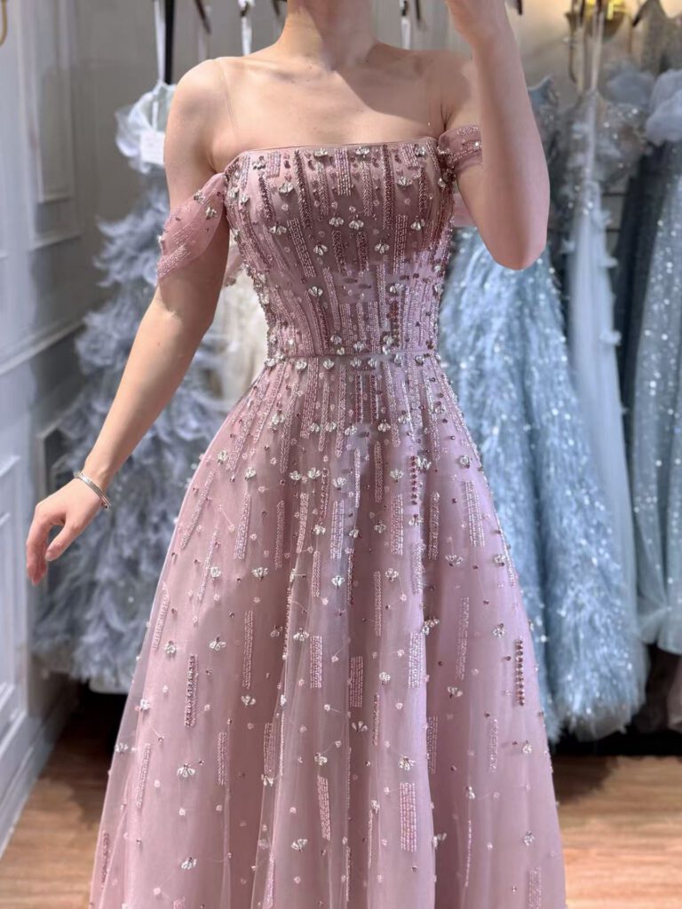Nove Dress Pink Beaded Off Shoulder A-Line Arabic Evening Dress