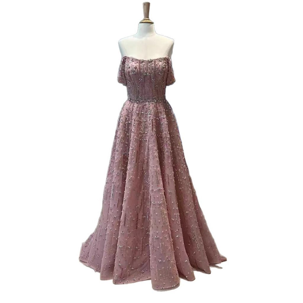 Nove Dress Pink Beaded Off Shoulder A-Line Arabic Evening Dress