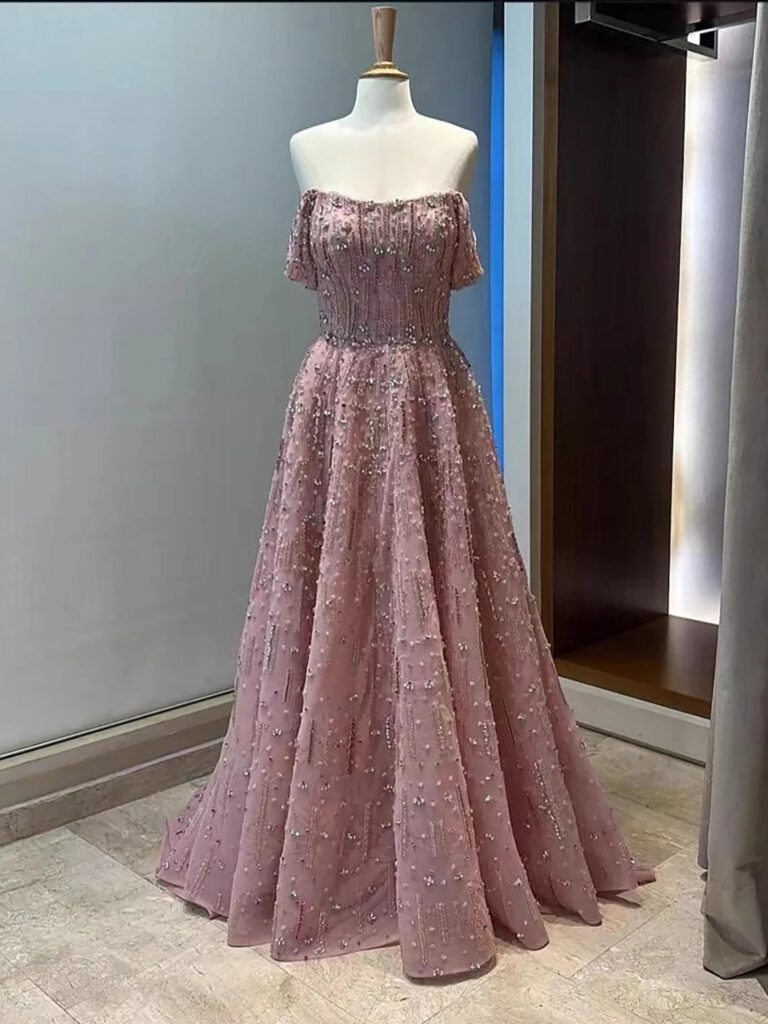 Nove Dress Pink Beaded Off Shoulder A-Line Arabic Evening Dress