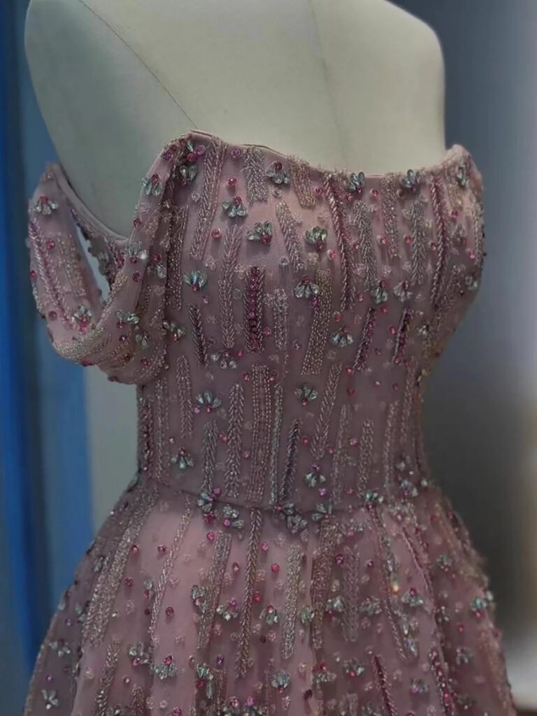 Nove Dress Pink Beaded Off Shoulder A-Line Arabic Evening Dress