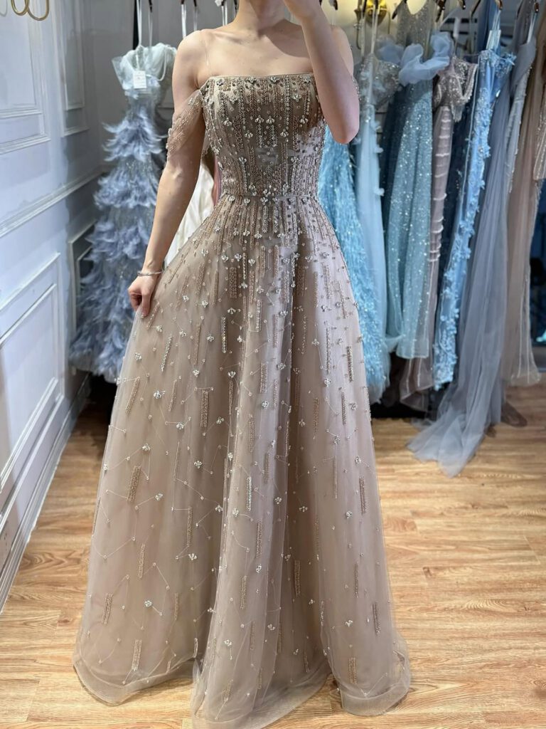 Nove Dress Pink Beaded Off Shoulder A-Line Arabic Evening Dress