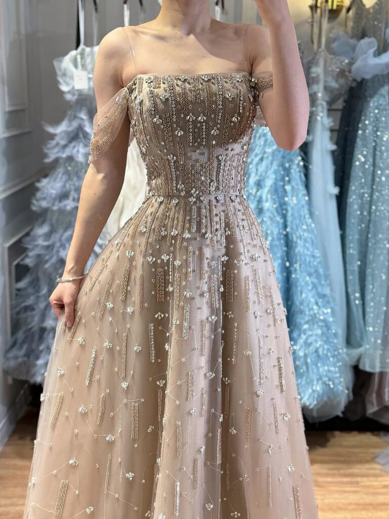 Nove Dress Pink Beaded Off Shoulder A-Line Arabic Evening Dress