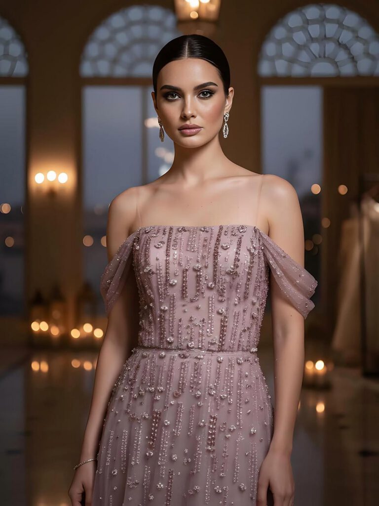 Nove Dress Pink Beaded Off Shoulder A-Line Arabic Evening Dress