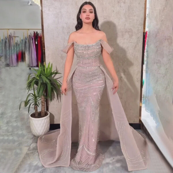 Nove Dress Pink Beaded Satin Overskirt Mermaid Evening Dress 1 - Nove Dress