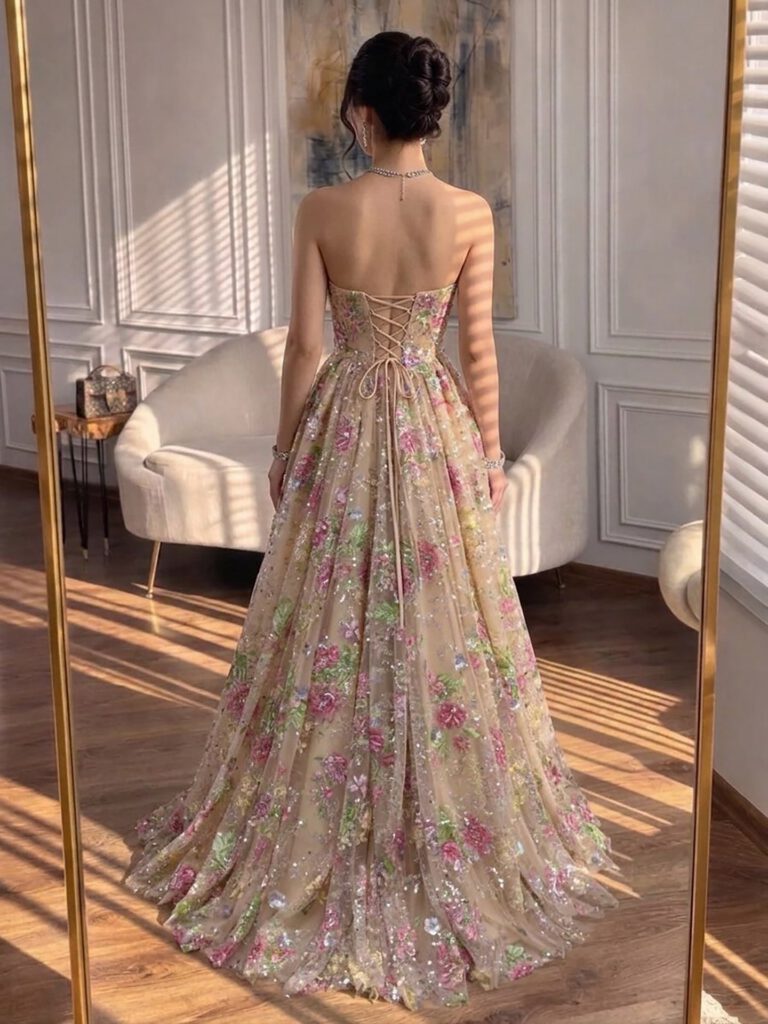 Nove Dress rosa A-Linie Abendkleid mit Perlenstickerei und trägerlosem Schnitt