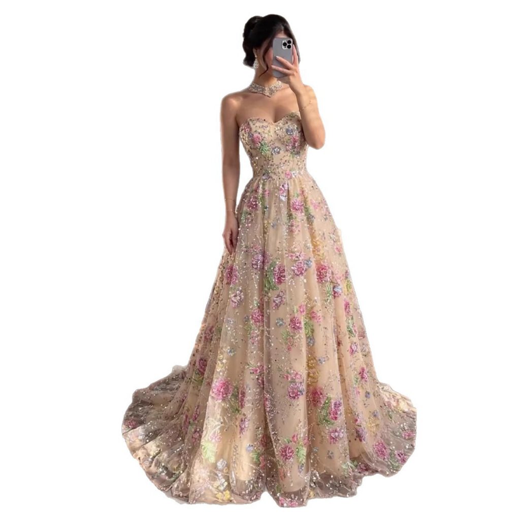 Nove Dress rosa A-Linie Abendkleid mit Perlenstickerei und trägerlosem Schnitt