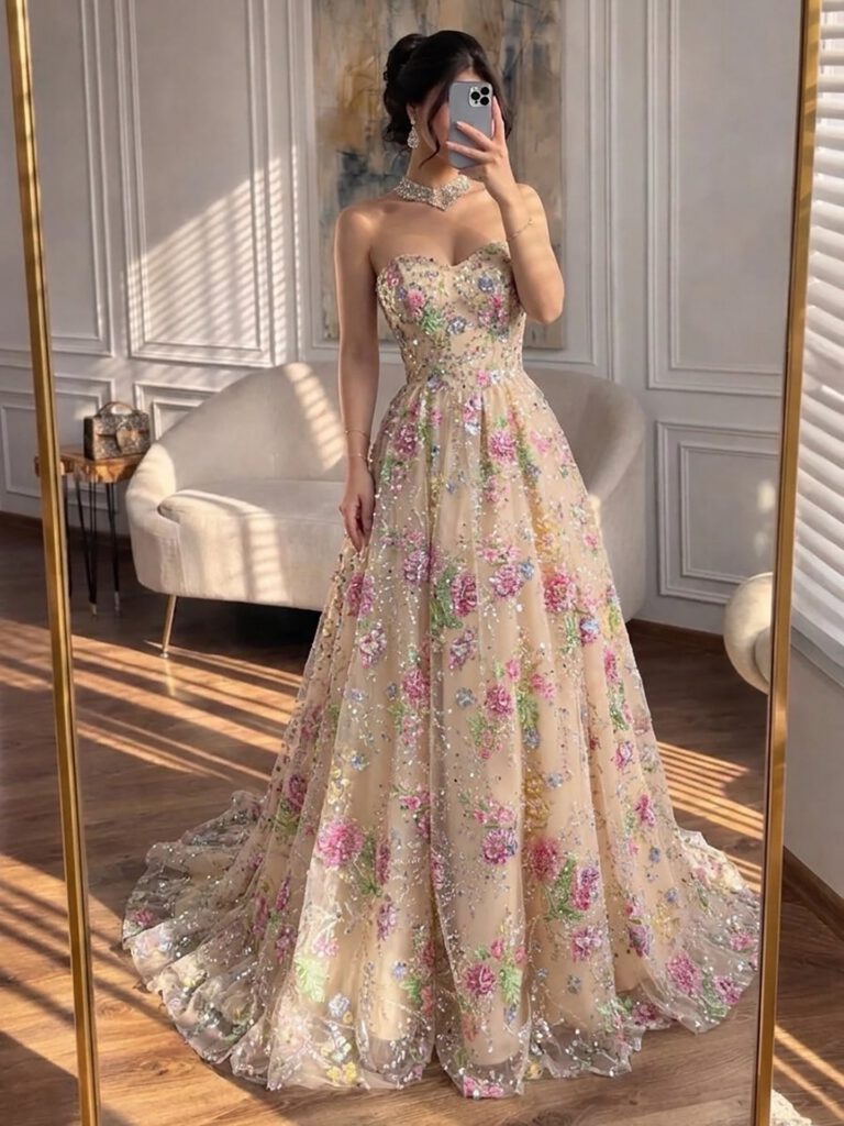 Nove Dress rosa A-Linie Abendkleid mit Perlenstickerei und trägerlosem Schnitt