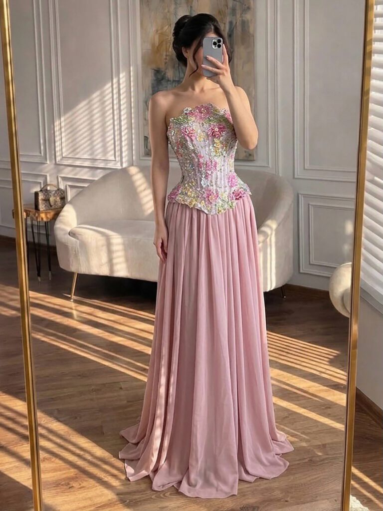 Nove Dress roze avondjurk met borduurwerk en strapless