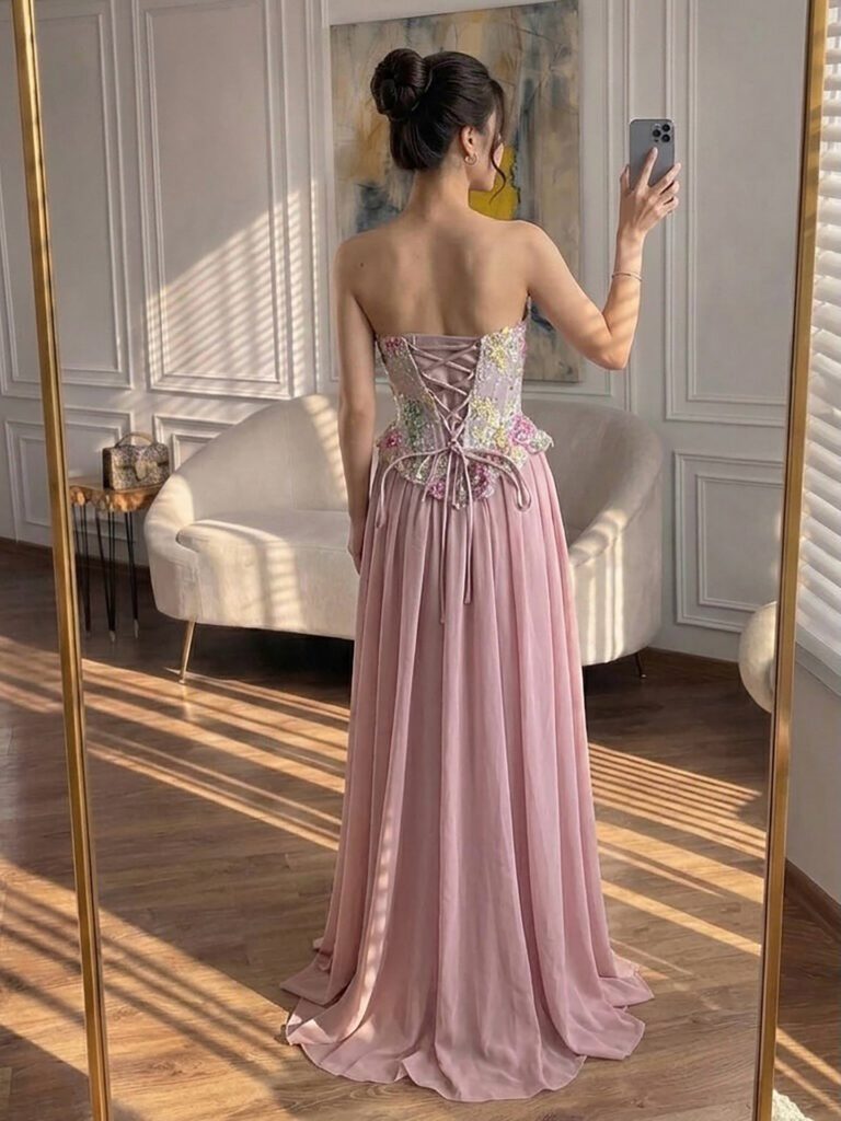 Nove Dress roze avondjurk met borduurwerk en strapless