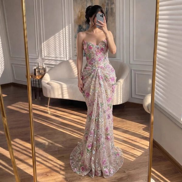 Nove Dress Pink Beaded Strapless Mermaid Arabic Evening Dress 1 - Nove Dress