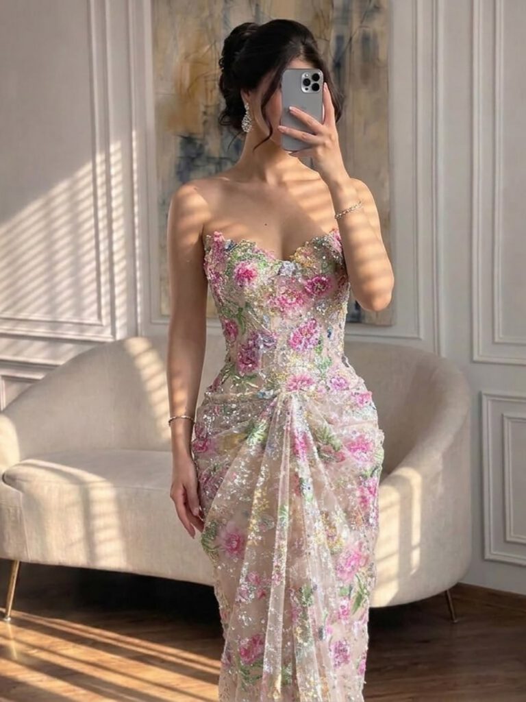 Nove Dress Pink Beaded Strapless Mermaid Arabic Evening Dress