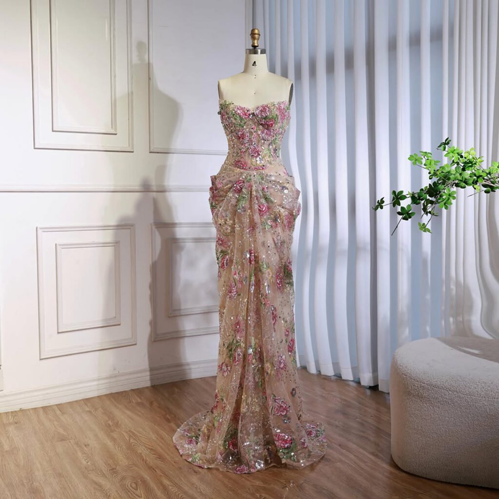 Nove Dress Pink Beaded Strapless Mermaid Arabic Evening Dress
