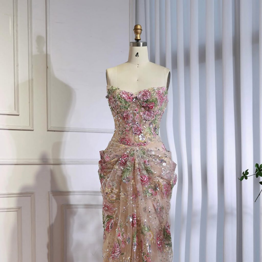 Nove Dress Pink Beaded Strapless Mermaid Arabic Evening Dress