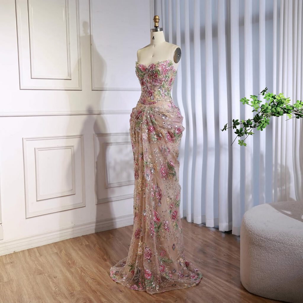 Nove Dress Pink Beaded Strapless Mermaid Arabic Evening Dress