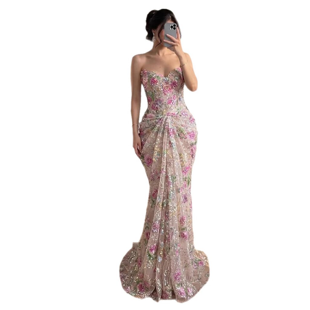 Nove Dress Pink Beaded Strapless Mermaid Arabic Evening Dress