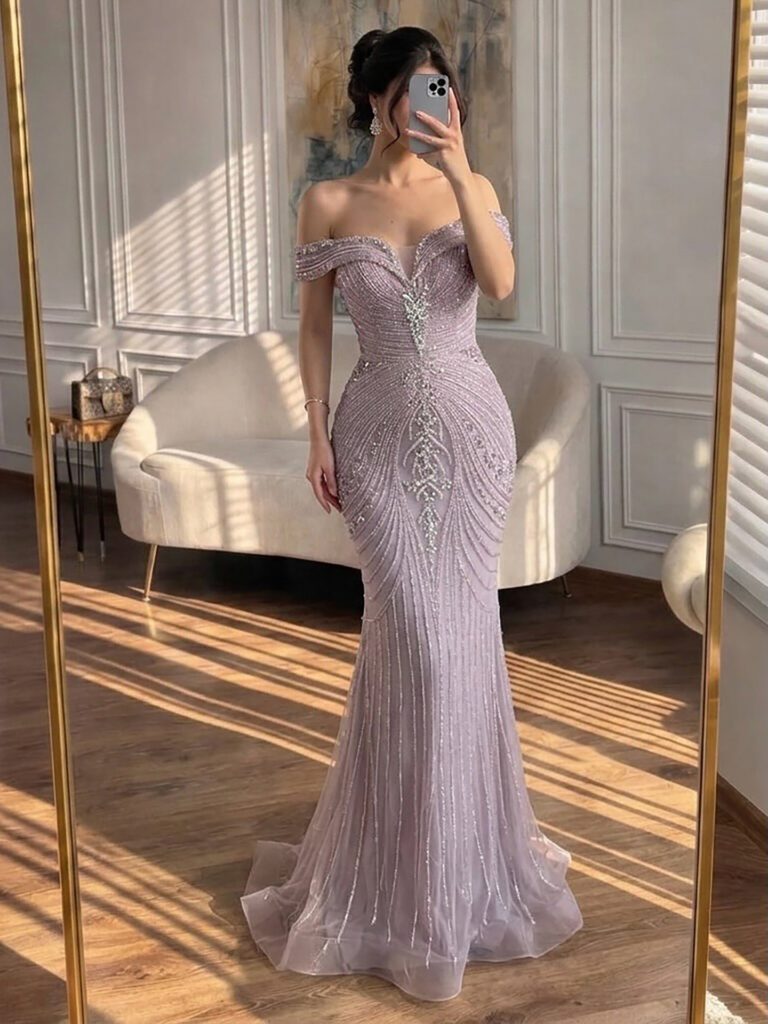 Nove Dress rosa Meerjungfrau Abendkleid mit Perlenstickerei und trägerlosem Schnitt