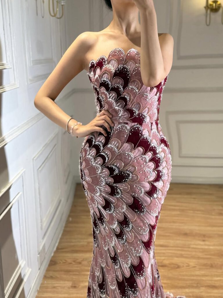 Nove Dress Pink Beaded Strapless Mermaid Evening Dress - Style