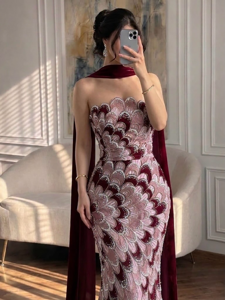 Nove Dress Pink Beaded Strapless Mermaid Evening Dress - Style