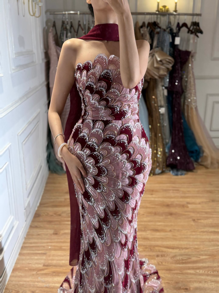 Nove Dress Pink Beaded Strapless Mermaid Evening Dress - Style