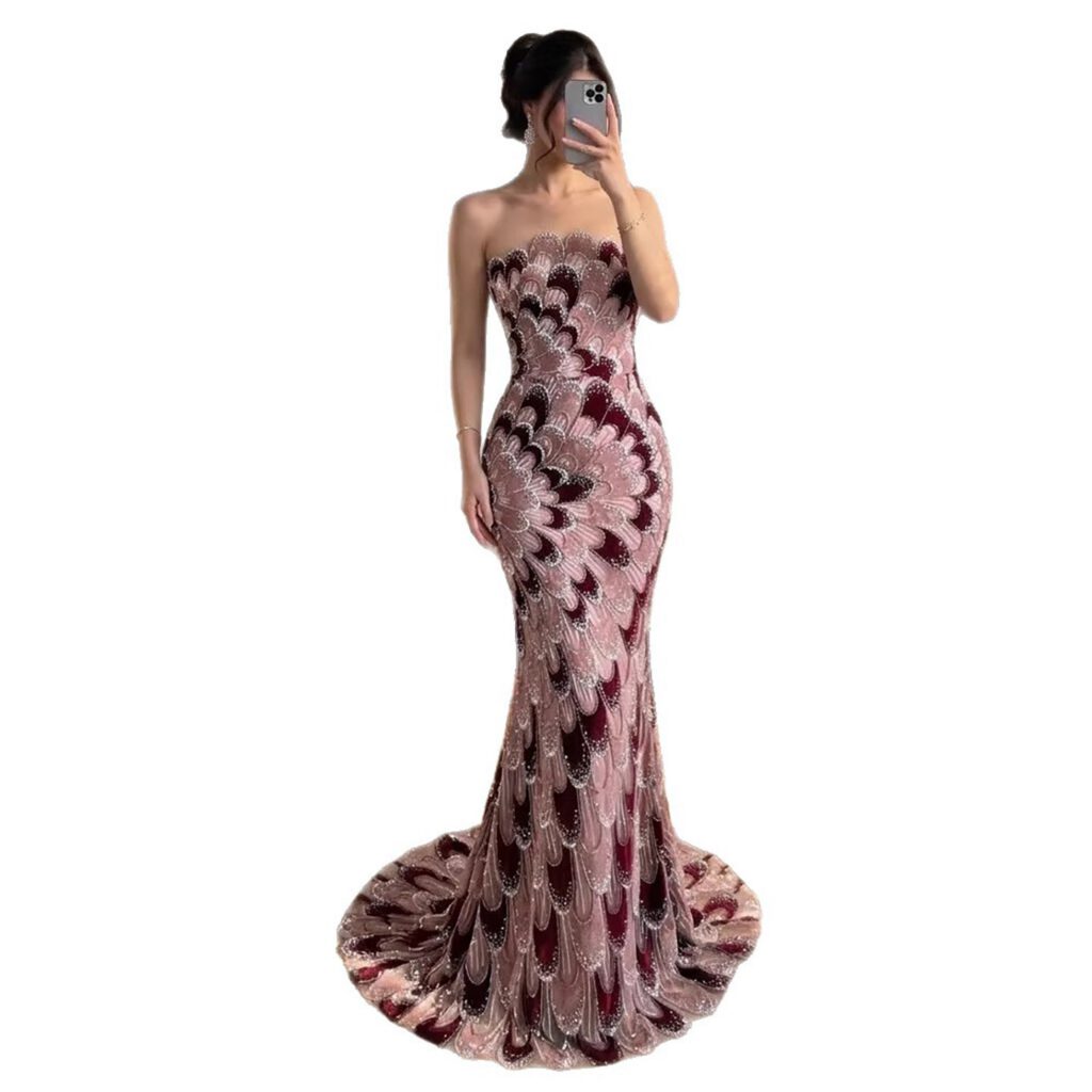 Nove Dress Pink Beaded Strapless Mermaid Evening Dress - Style