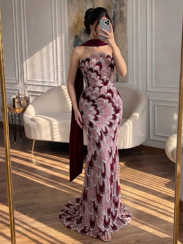 Nove Dress Pink Beaded Strapless Mermaid Evening Dress - Style