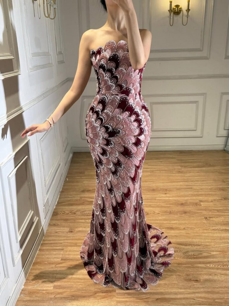 Nove Dress Pink Beaded Strapless Mermaid Evening Dress - Style
