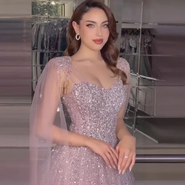 Nove Dress Pink Beaded Tulle Cape Sleeve A-Line Prom Evening Dress 1 - Nove Dress
