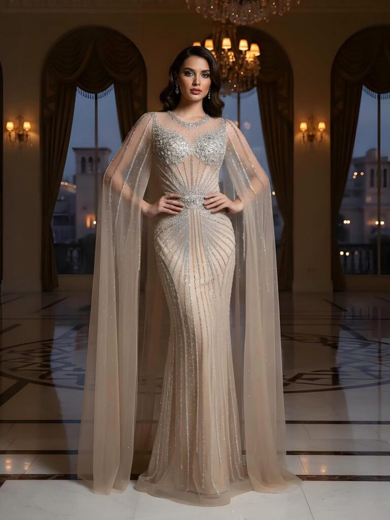 Nove Dress Pink Crystal Beaded Cape Sleeve Mermaid Evening Dress