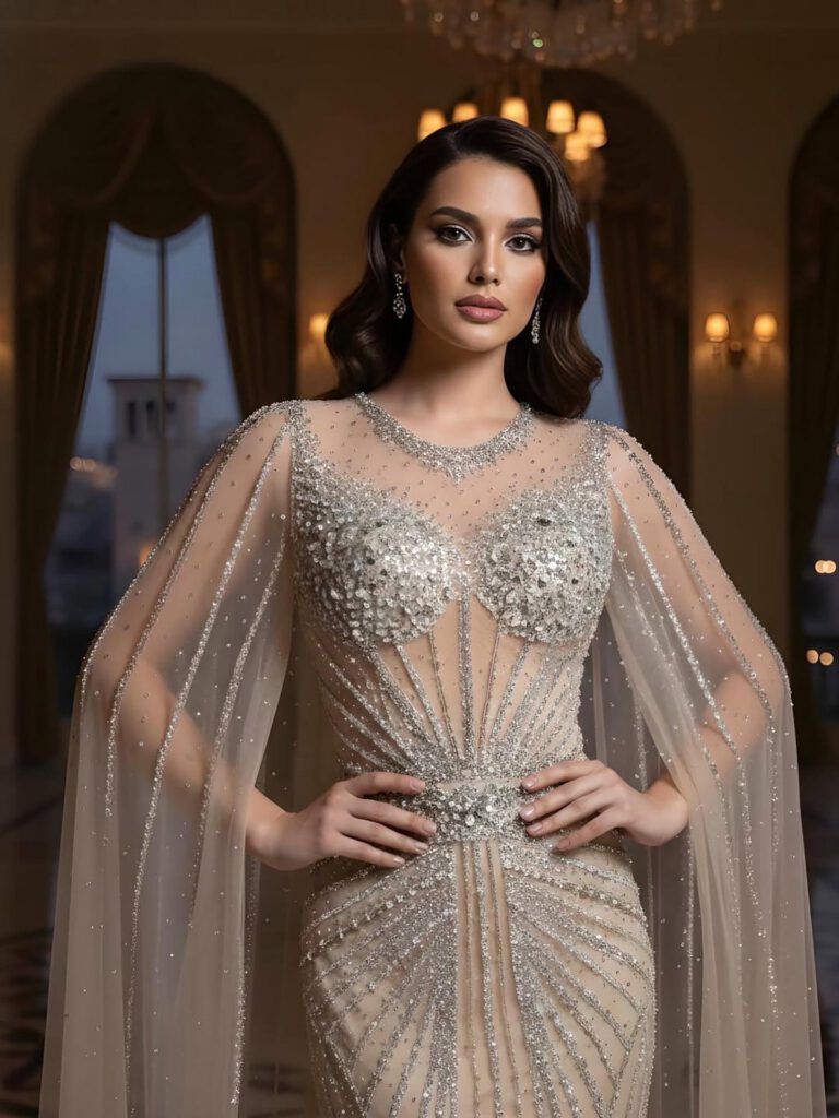 Nove Dress Pink Crystal Beaded Cape Sleeve Mermaid Evening Dress