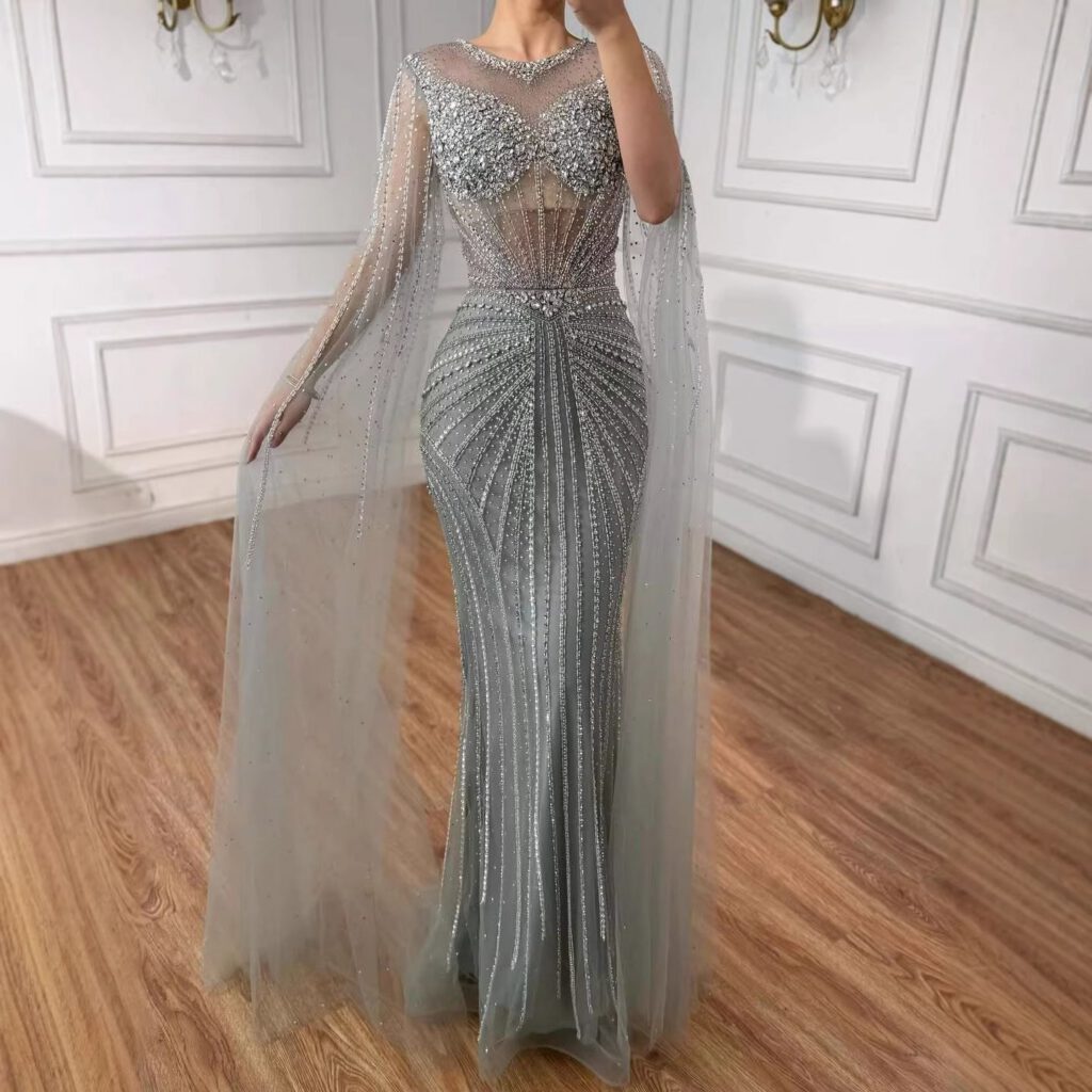 Nove Dress Pink Crystal Beaded Cape Sleeve Mermaid Evening Dress