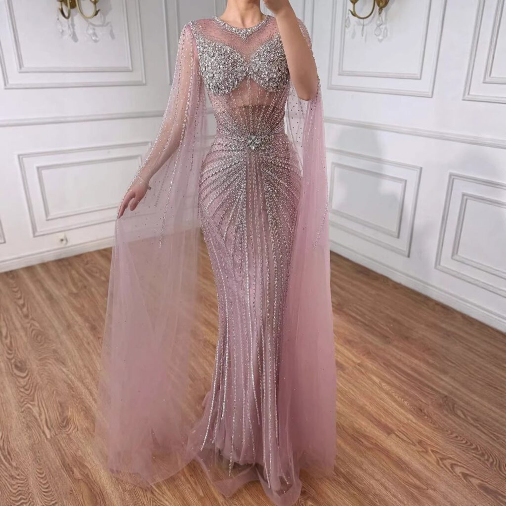 Nove Dress Pink Crystal Beaded Cape Sleeve Mermaid Evening Dress