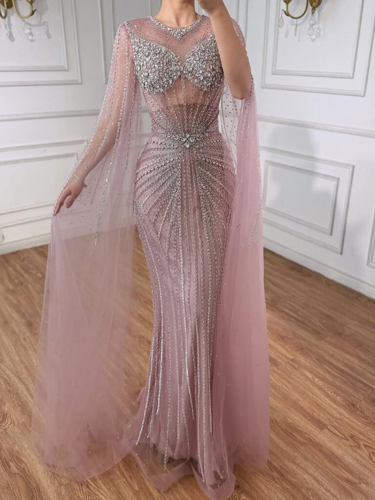 Nove Dress Pink Crystal Beaded Cape Sleeve Mermaid Evening Dress