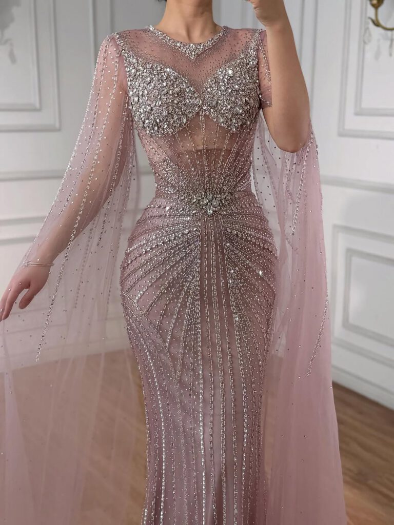Nove Dress Pink Crystal Beaded Cape Sleeve Mermaid Evening Dress