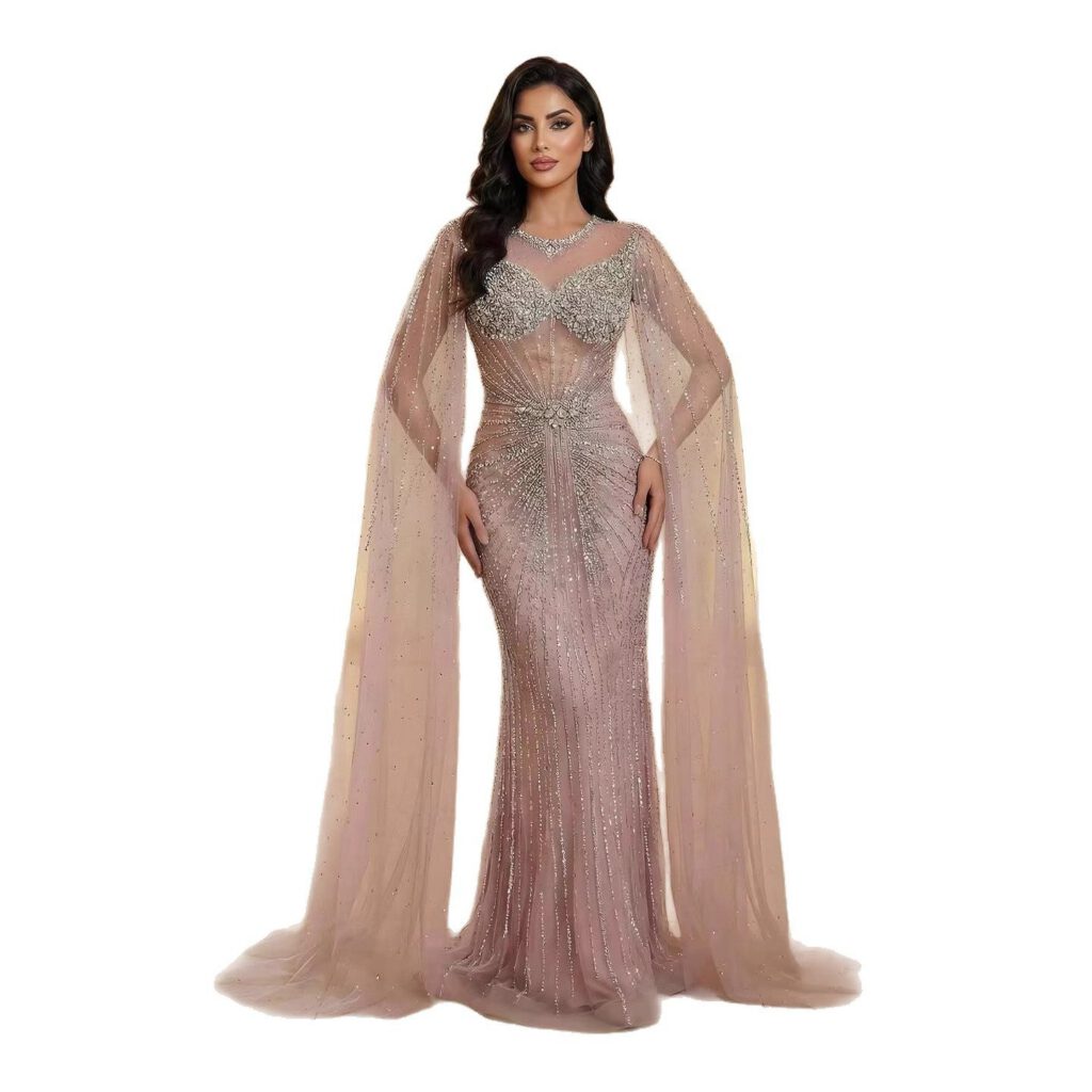 Nove Dress Pink Crystal Beaded Cape Sleeve Mermaid Evening Dress