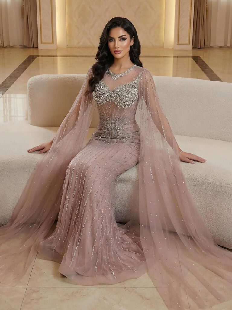 Nove Dress Pink Crystal Beaded Cape Sleeve Mermaid Evening Dress