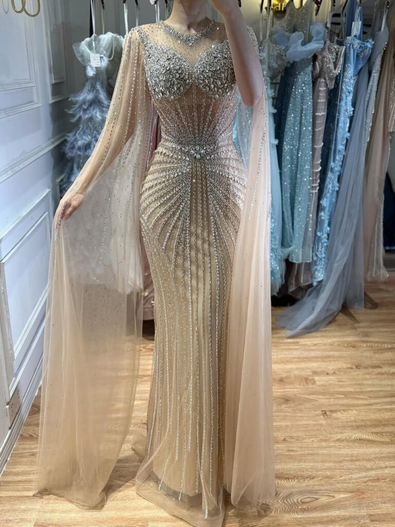 Nove Dress Pink Crystal Beaded Cape Sleeve Mermaid Evening Dress