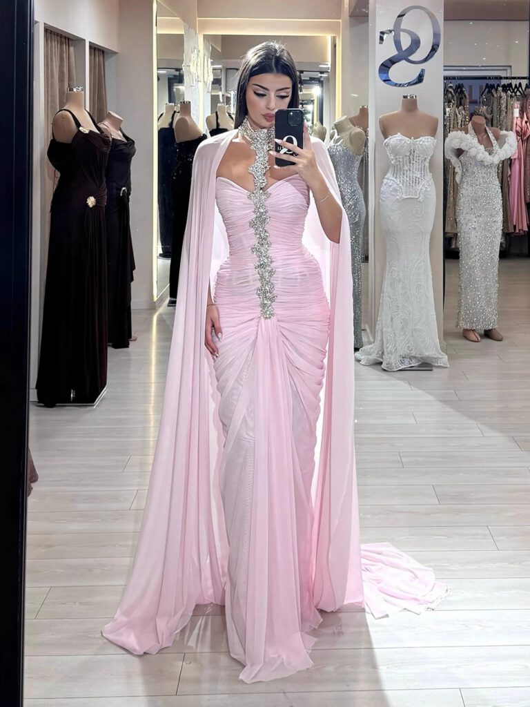 Nove Dress Pink Crystal Beaded Halter Evening Dress