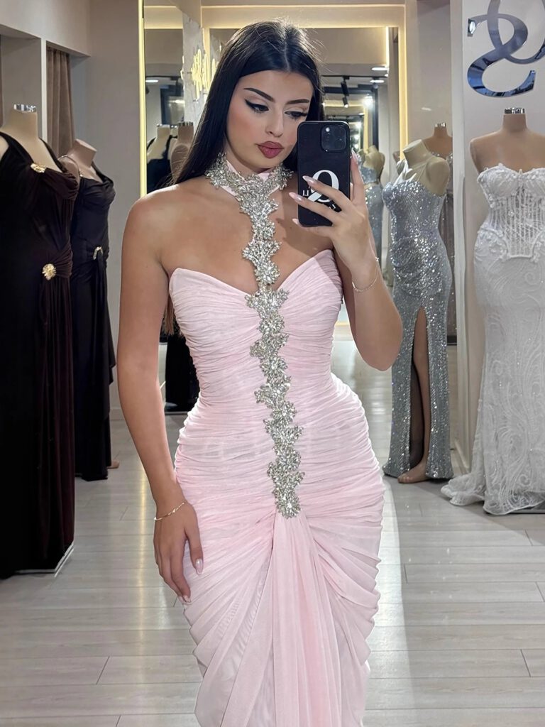 Nove Dress Pink Crystal Beaded Halter Evening Dress