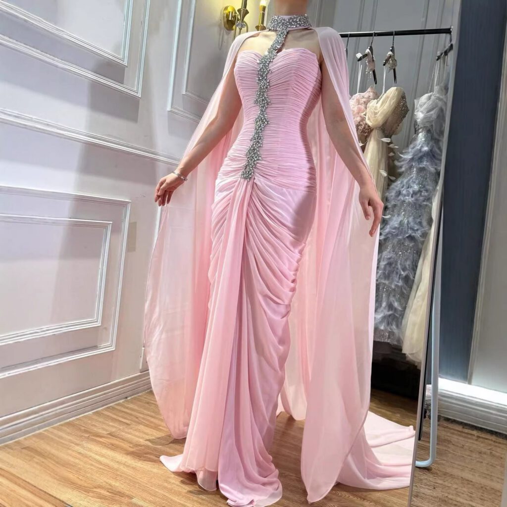 Nove Dress Pink Crystal Beaded Halter Evening Dress