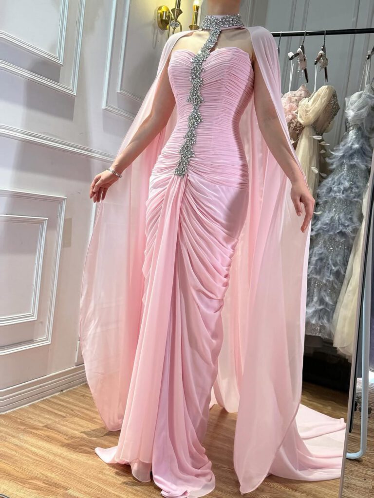 Nove Dress Pink Crystal Beaded Halter Evening Dress