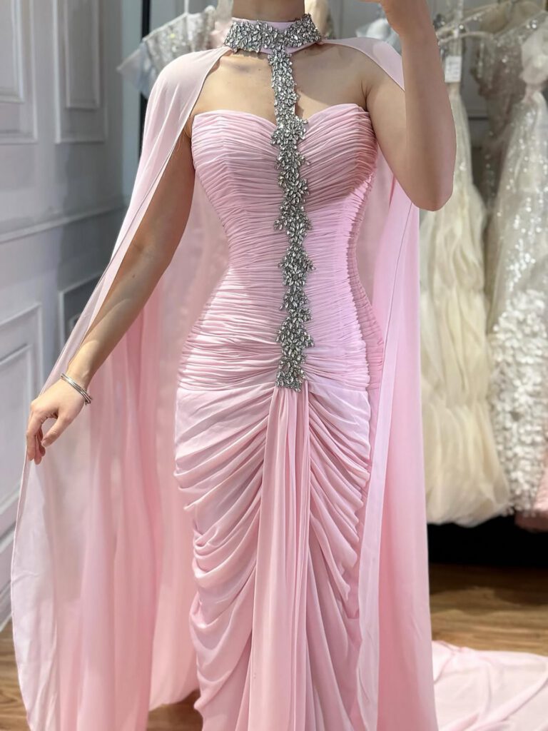 Nove Dress Pink Crystal Beaded Halter Evening Dress