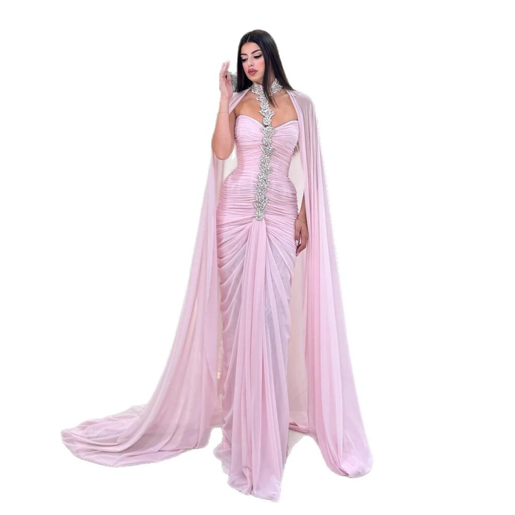 Nove Dress Pink Crystal Beaded Halter Evening Dress