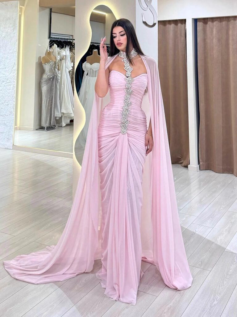 Nove Dress Pink Crystal Beaded Halter Evening Dress