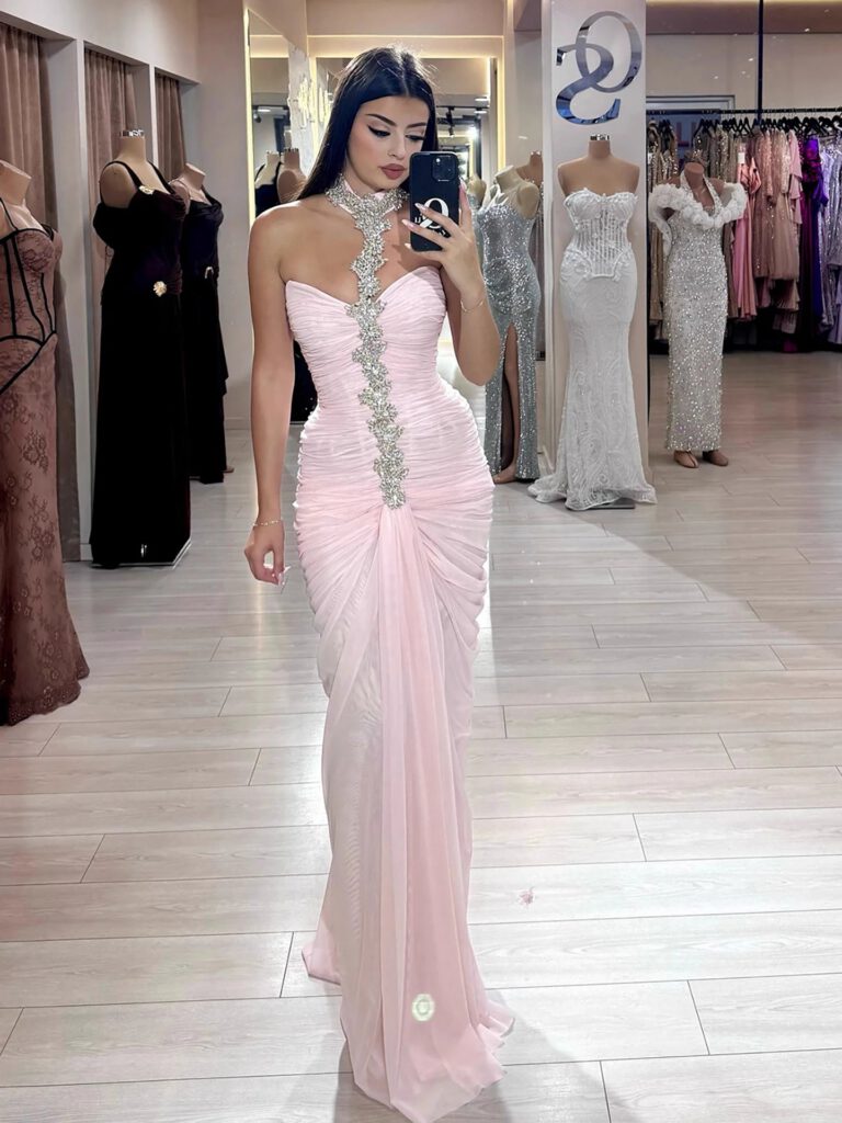 Nove Dress Pink Crystal Beaded Halter Evening Dress