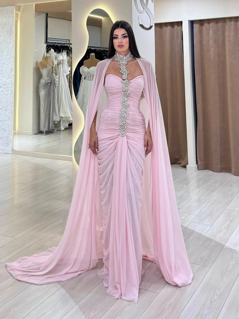 Nove Dress Pink Crystal Beaded Halter Evening Dress