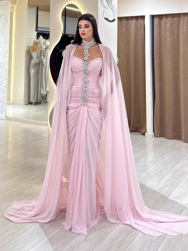 Nove Dress Pink Crystal Beaded Halter Evening Dress