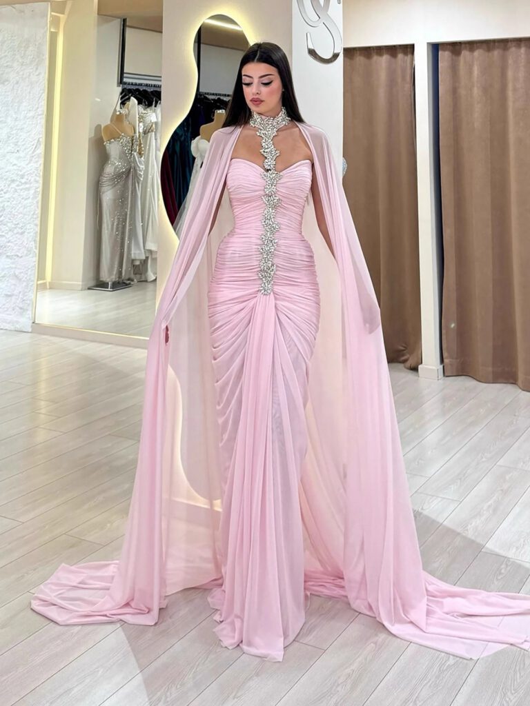 Nove Dress Pink Crystal Beaded Halter Evening Dress